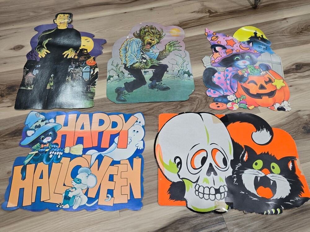 Lot 6 Vintage Cardboard Halloween Decorations Frankenstein Werewolf Skull Cat